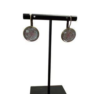Boho Mandala Flower Leverback Earrings‎ Antique Brass Tone Round Cabochon Dangle